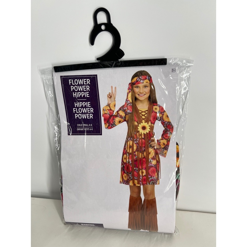 Flower Power Hippie Costume Dress Headband Boot Covers Child Small‎ 4-6
